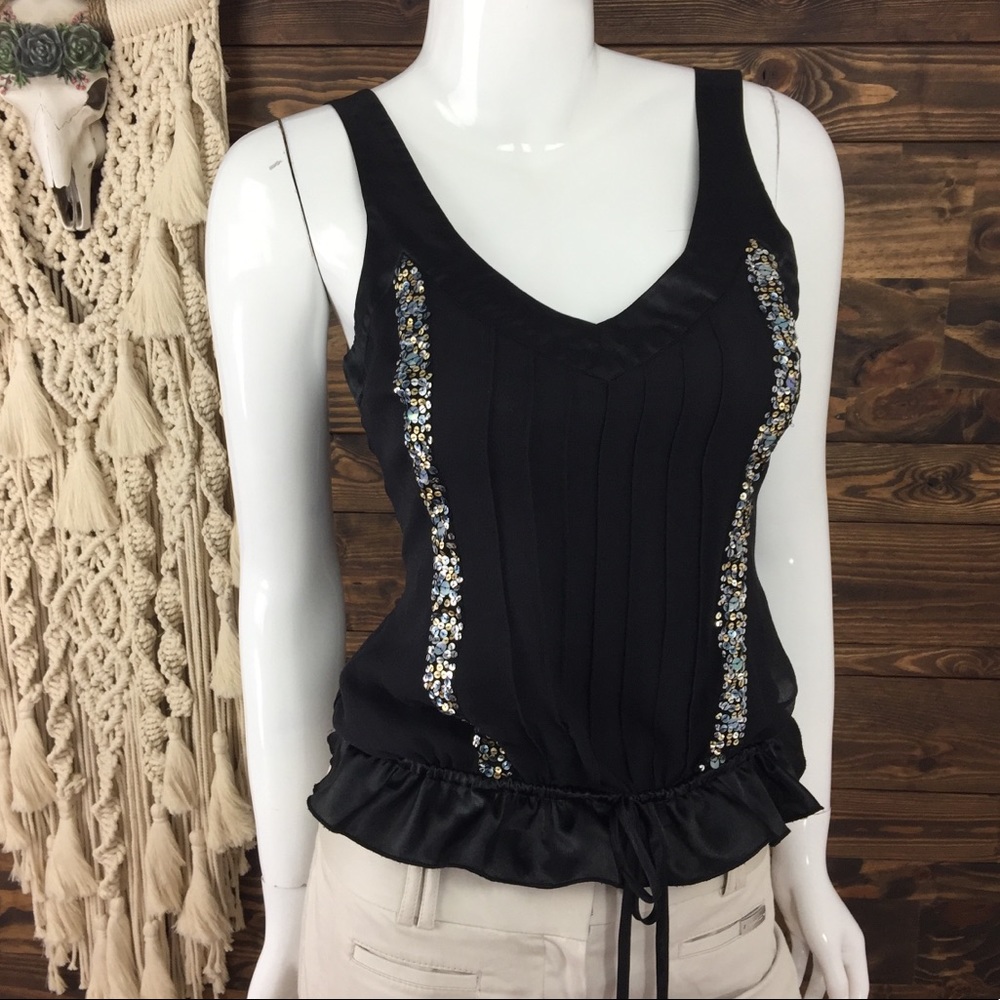 To The Max | Sequin Tie Front Pleat Ruffle Tank Top